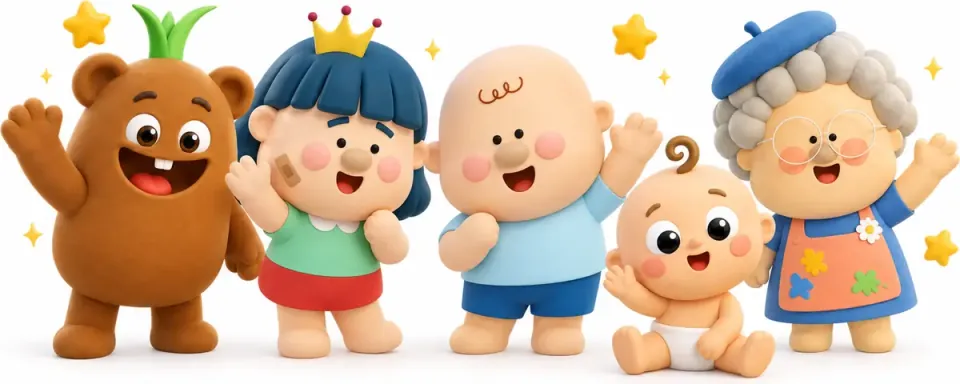 뿌리 · 디디 · 방구 · 보보 · 할매, 와그작 가족이 손을 흔들며 반겨요