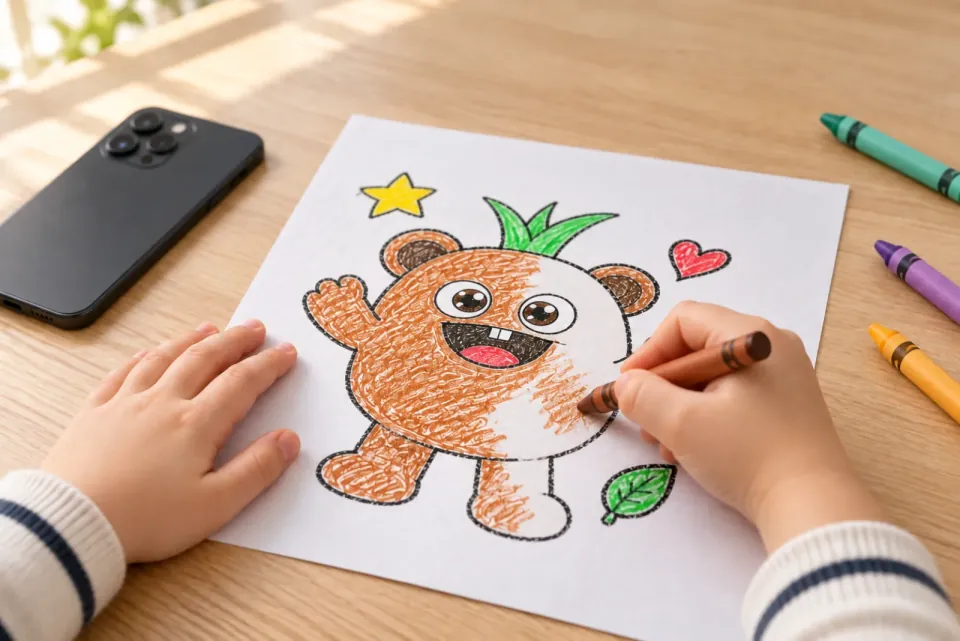 아이 손이 크레용으로 그림을 칠한다