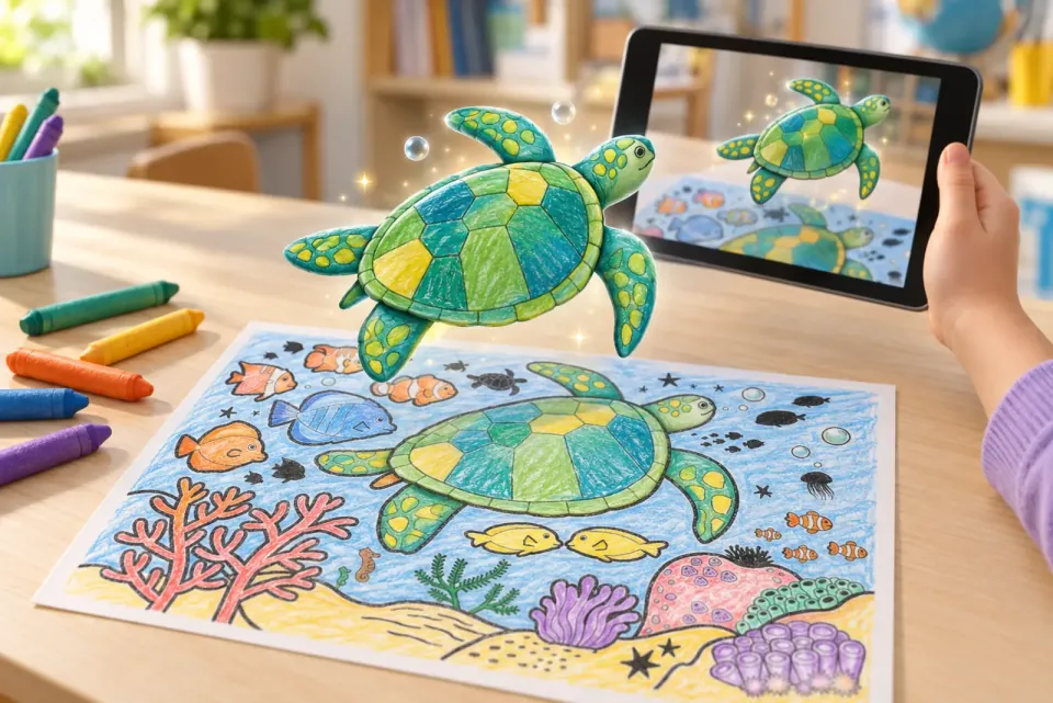 Een tablet scant de zeeschildpad die een kind heeft ingekleurd, en een schildpad in dezelfde kleuren zweeft omhoog.