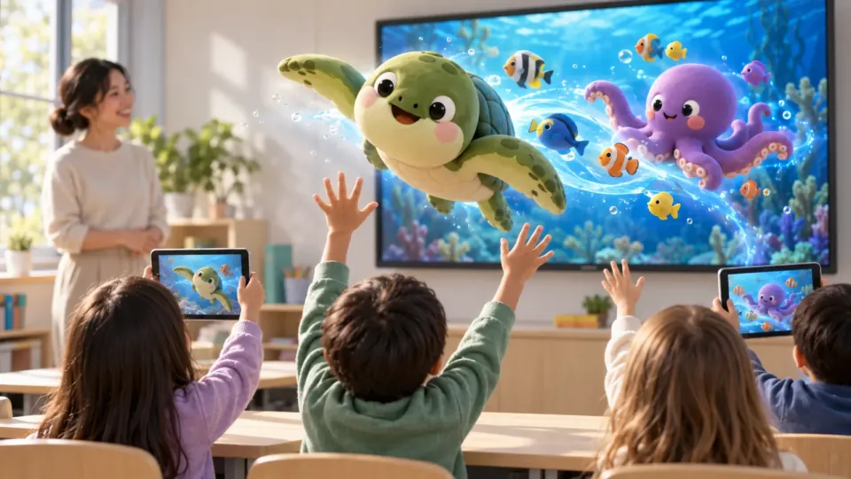 Een schildpad en een octopus zwemmen uit de tv door de lucht in de klas.